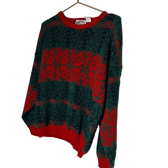 Vintage Tarrazia Red Green Holiday Crewneck Longsleeve Geometric Sweater Size M - Picture 2 of 10